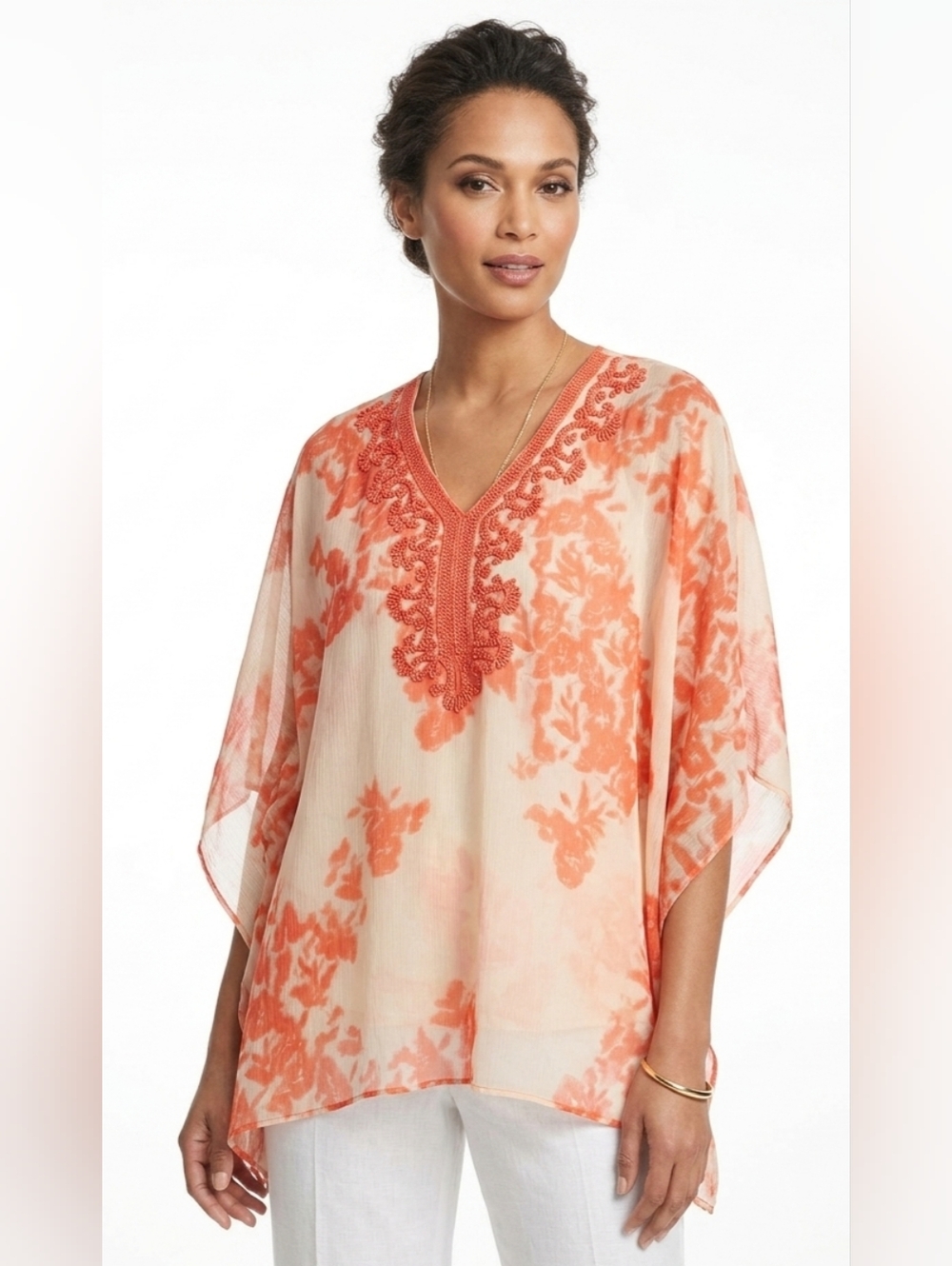 Chico's Sheer Coral and Cream Floral Swim Coverup Size L/XL